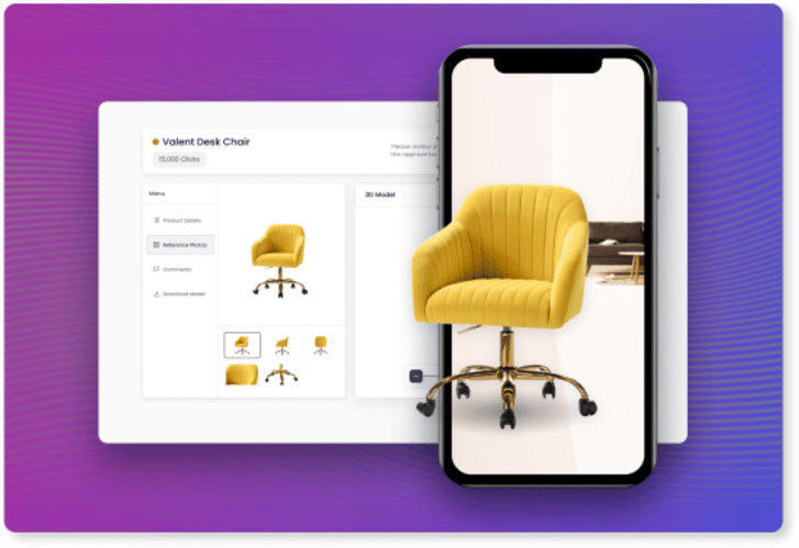 ARitize3D for furniture retail—photoreal 3D sofa shown in 360° and ‘view in room’ AR with fabric options