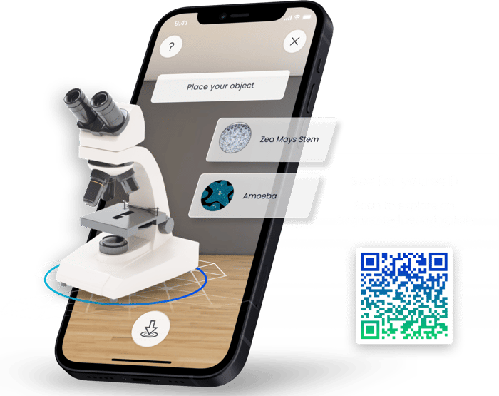 Phone with Augmented Reality of microscope and QR Code to see for yourself.