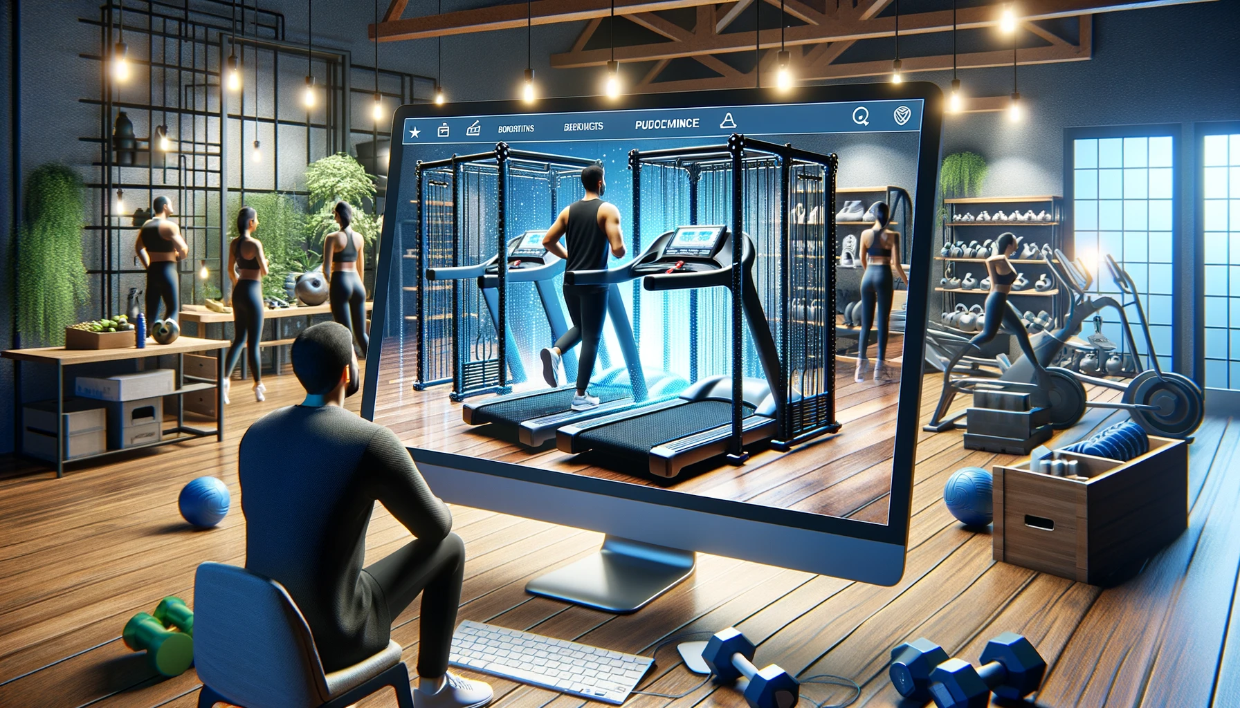 Online shopper explores 3D model of fitness equipment, enhancing buying confidence.