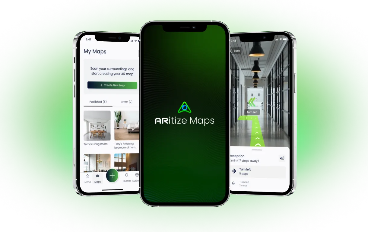Three phones showcasing the ARitize Maps app.