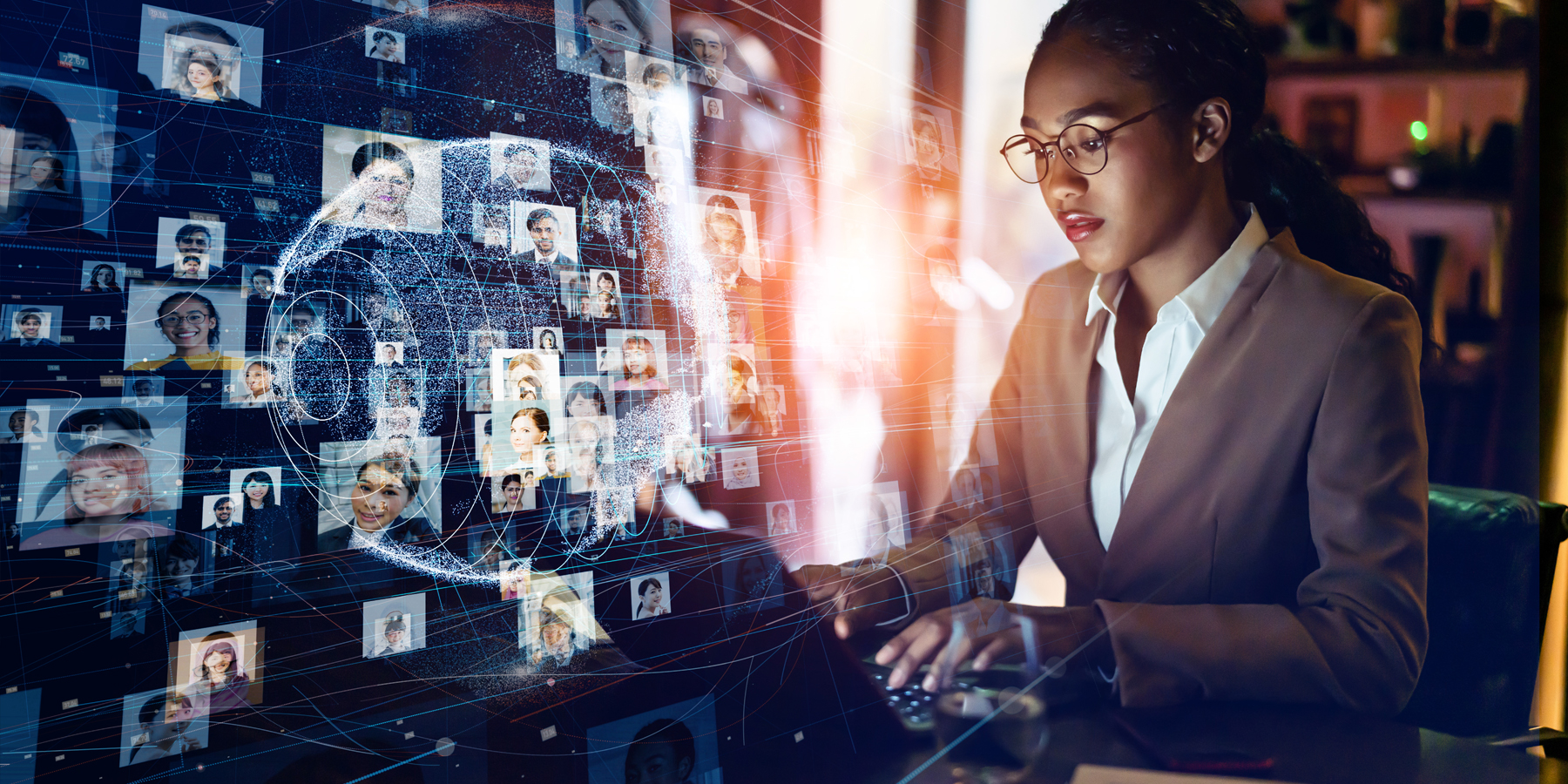 Woman on computer showcasing futuristic technology