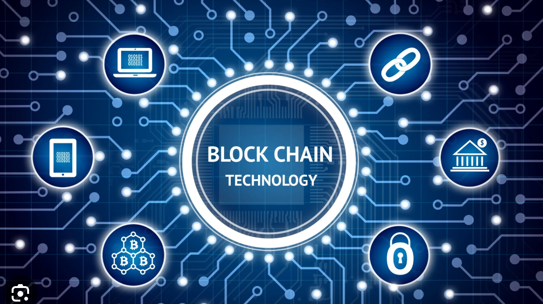 Blockchain technology concept illustration with bank symbol, security lock, smartphone, computer, chain links, and blockchain logo.