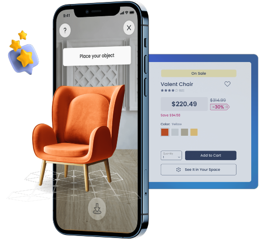 Mobile phone showing orange chair in AR with online checkout to the right.