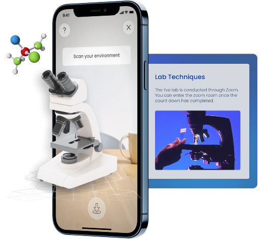 Phone showing AR microscope to view lab experience with lab title and description on right.