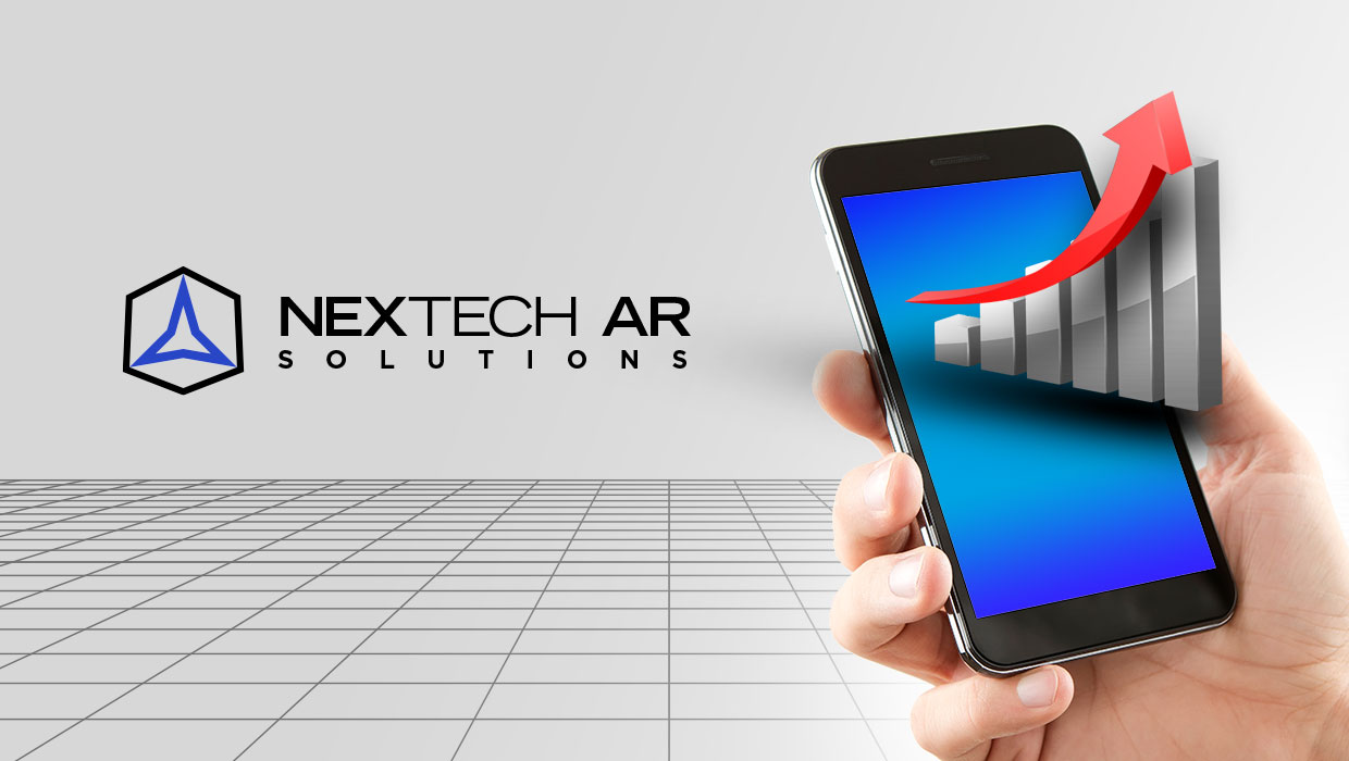 Nextech AR Solutions logo with smartphone showing chart jumping off screen
