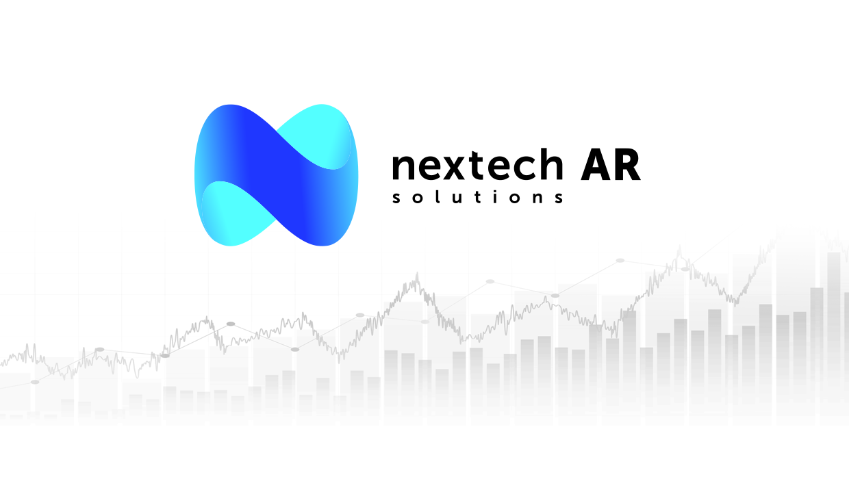 Nextech AR Solutions Logo with a Greyscale stock chart.